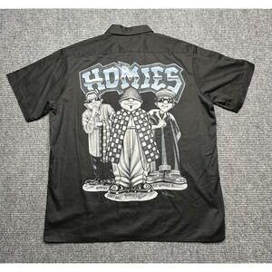 Homies‎ Shirt Mens Medium Black Short Sleeve Workwear Snap Button Graphic Back